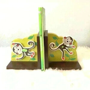 Set of 2 bookends children decor children book ends monkeys green and brown